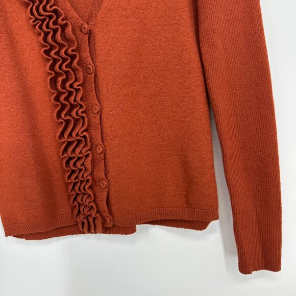 Antonio Melanie Ruffle Trim Cardigan Sweater S Womens Wool V Neck Burnt Orange - Picture 5 of 7